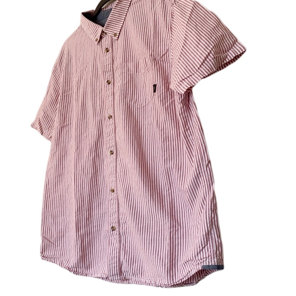 Vans Mens Classic Button Down Shirt Collared Stripe Coral White Short Sleeve - Picture 9 of 13